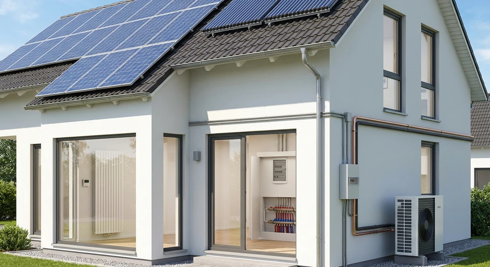 Vue d'ensemble d'une habitation r&eacute;sidentielle moderne montrant simultan&eacute;ment plusieurs &eacute;l&eacute;ments techniques&nbsp;: une antenne ou panneaux solaires sur le toit, des radiateurs visibles &agrave; travers les fen&ecirc;tres, des canalisations ou &eacute;l&eacute;ments de plomberie en fa&ccedil;ade ou int&eacute;rieur visible, et des c&acirc;blages &eacute;lectriques. L'image doit transmettre une impression de couverture compl&egrave;te et int&eacute;gr&eacute;e des besoins techniques du b&acirc;timent, avec tous les corps d'&eacute;tat visibles dans une seule sc&egrave;ne coh&eacute;rente et professionnelle.