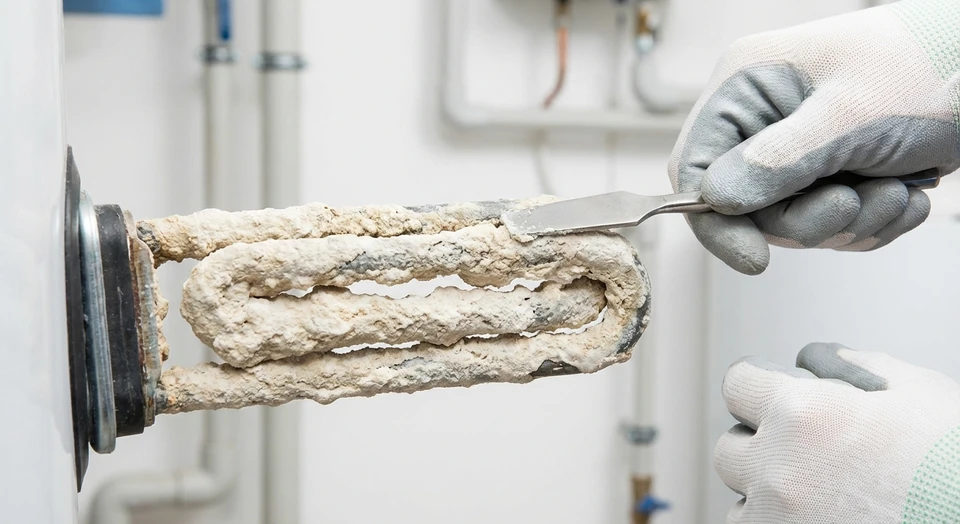 Gros plan sur une canalisation ou un élément de chauffe-eau montrant des dépôts de calcaire blanc-beige incrustés, avec une main ou un outil montrant l'accumulation calcaire. Ou alternativement, un adoucisseur d'eau ou un système de traitement de l'eau installé dans une cuisine ou une salle de bains domestique, montrant l'équipement en contexte réel d'utilisation.