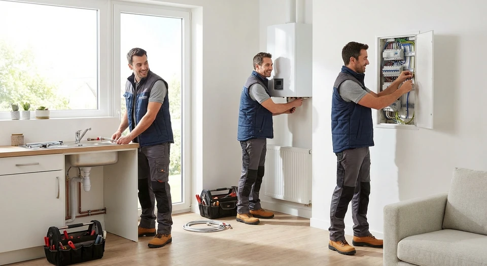 Photographie professionnelle montrant une équipe de trois techniciens en tenue de travail (gilets, bottes, habits professionnels) dans un espace ouvert d'un intérieur résidentiel, chacun représentant un domaine différent : l'un installant un élément de plomberie, un autre travaillant sur un système de chauffage/radiateur, et le troisième effectuant une installation électrique. L'image doit transmettre la collaboration, la compétence technique et la diversité des services offerts par une équipe unique et coordonnée.