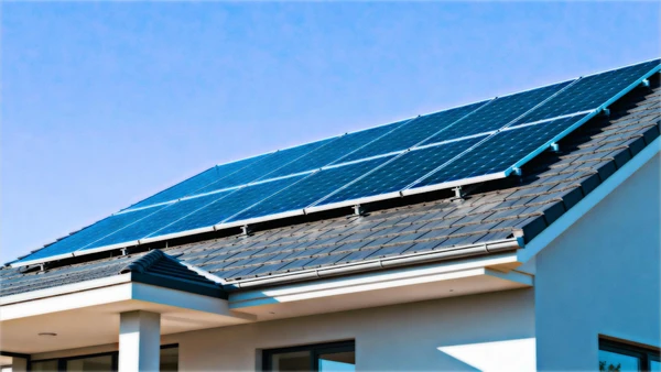 Toiture r&eacute;sidentielle &eacute;quip&eacute;e de panneaux solaires photovolta&iuml;ques bleus int&eacute;gr&eacute;s suivant la courbure des tuiles