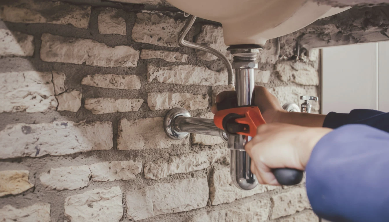 plombier Professionnel réparant un évier de salle de bain à l'aide d'une pince à pompe à eau