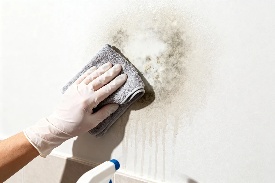 Mur intérieur présentant des dégradations importantes avec traces d'humidité, moisissures et décollements de revêtement