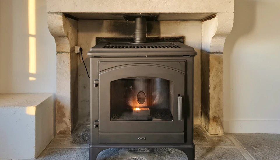 Intérieur chaleureux avec poêle à bois en fonte noire allumé, flammes visibles à travers vitre ornementée
