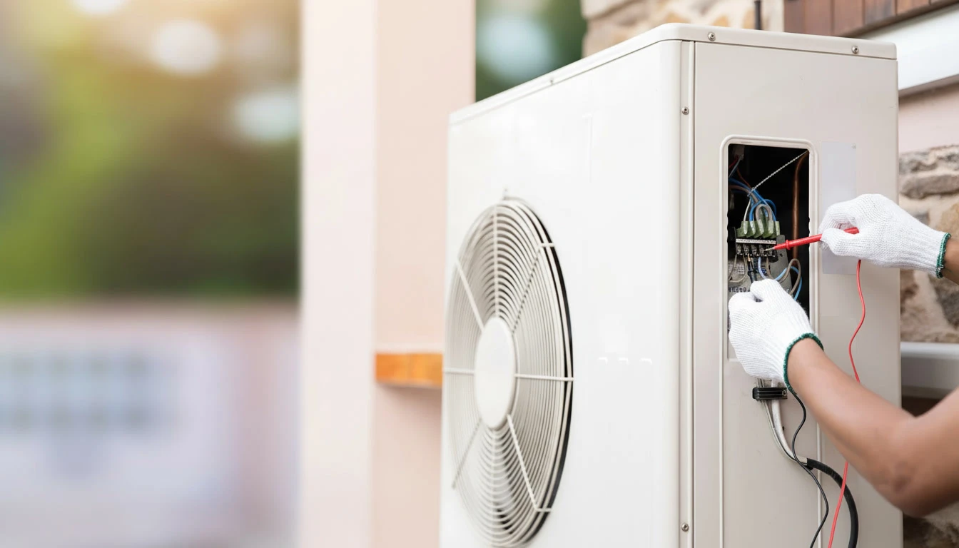 Technicien professionnel en tenue de travail installant ou effectuant la maintenance d'une unité intérieure de pompe à chaleur dans un intérieur résidentiel. L'image montre l'unité murale moderne avec ses connexions, le technicien utilisant des outils adaptés, dans un environnement domestique clair et propre illustrant le confort résidentiel.